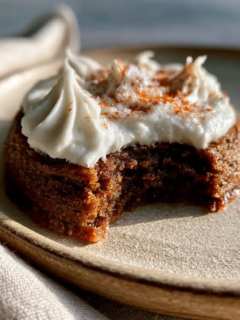 Macro view of velvety cream cheese frosting peaks on a pumpkin cookie with fine spice dusting and sea salt grains.
