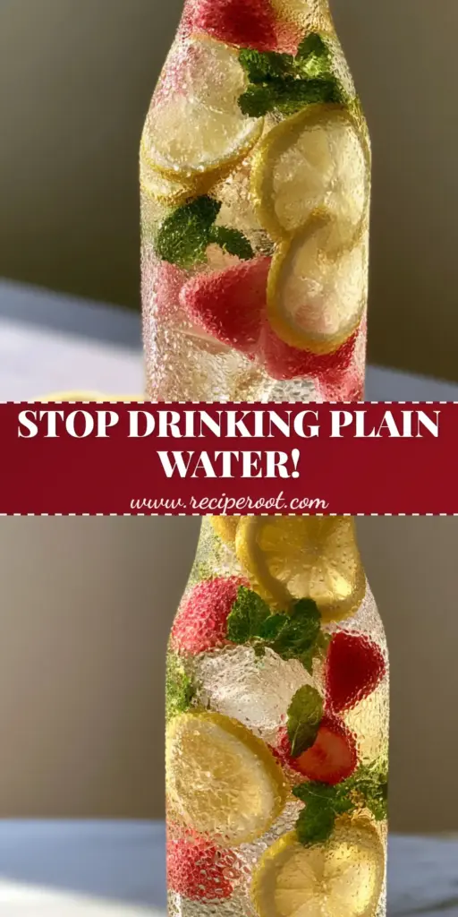 Hydrating Drink Recipes: The Ultimate Strawberry Lemon Mint Spa Water 4 A tall glass carafe of hydrating drink recipes featuring lemon, strawberry, and mint with artisanal ice cubes on a marble surface.