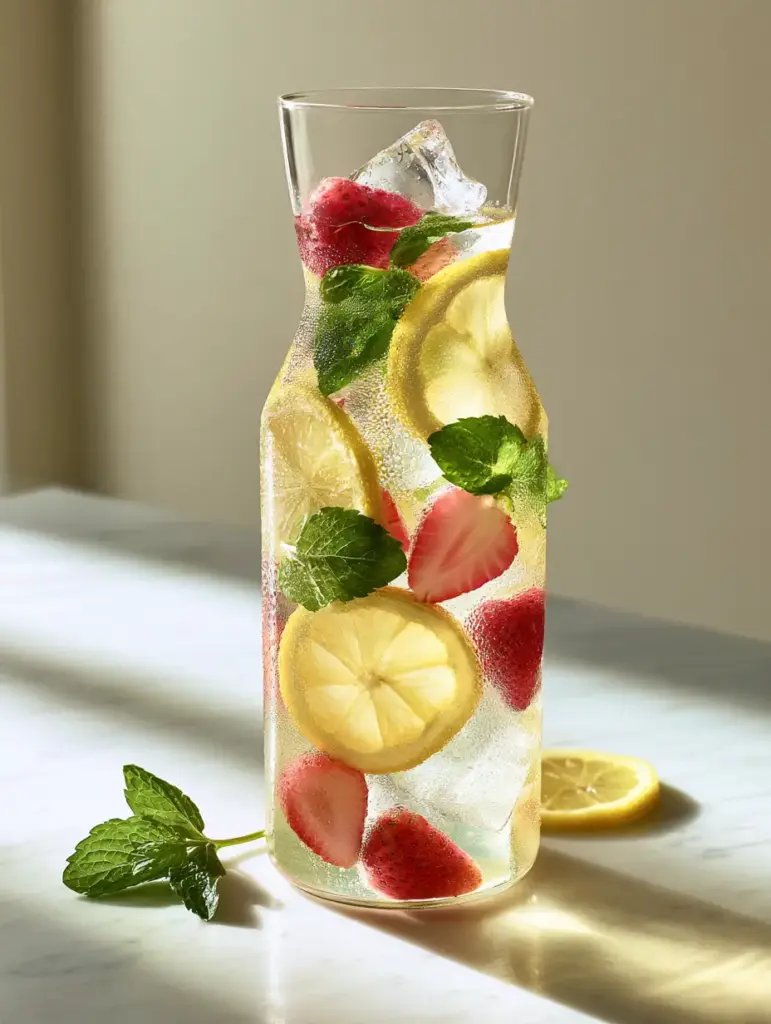 Hydrating Drink Recipes: The Ultimate Strawberry Lemon Mint Spa Water 2 A crystal-clear carafe filled with strawberry, lemon, and mint spa water with clear ice and heavy condensation. (hydrating drink recipes)