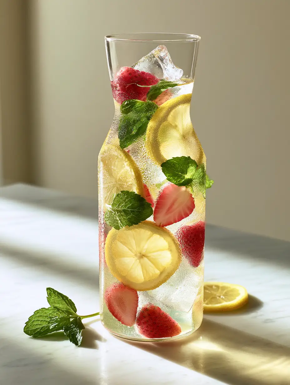 Hydrating Drink Recipes: The Ultimate Strawberry Lemon Mint Spa Water 3 A crystal-clear carafe filled with strawberry, lemon, and mint spa water with clear ice and heavy condensation. (hydrating drink recipes)