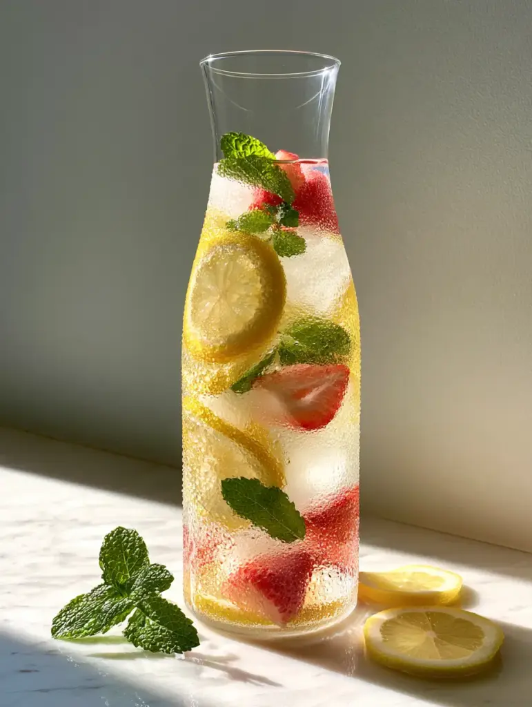 Hydrating Drink Recipes: The Ultimate Strawberry Lemon Mint Spa Water 1 Close up of clear artisanal ice cubes and organic lemon slices in a chilled carafe of spa water.