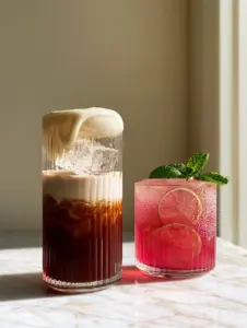 Tall ribbed glass with a layered iced coffee showing mahogany espresso swirling into creamy oat milk and topped with vanilla cold foam. (homemade drink recipes)