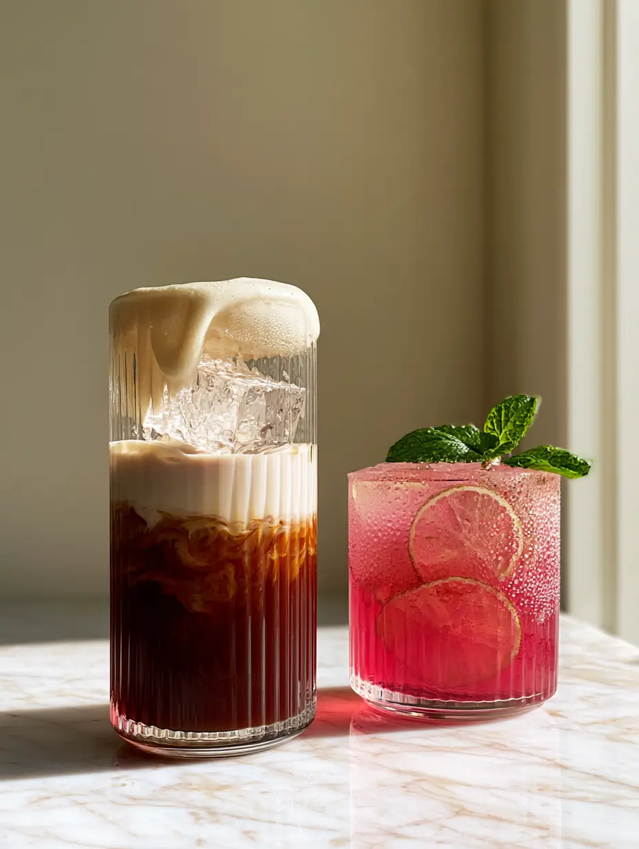 Homemade Drink Recipes: Crafting the Perfect Layered Iced Latte and Dragonfruit Refresher 3 Tall ribbed glass with a layered iced coffee showing mahogany espresso swirling into creamy oat milk and topped with vanilla cold foam. (homemade drink recipes)