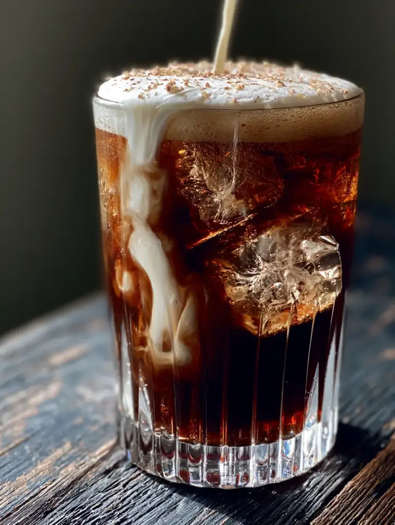 Close-up of a dense two-inch foam head on a creamy root beer rum cocktail with nutmeg granules.