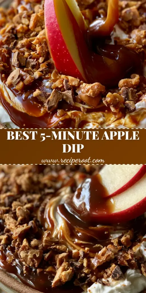 A rustic ceramic bowl of thick apple toffee dip with swirled caramel, toffee bits, and chocolate shards, featuring a Honeycrisp apple slice being dipped.