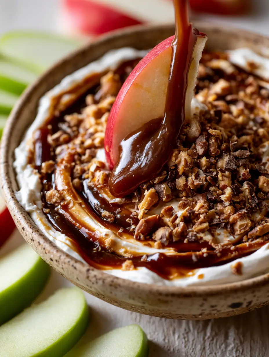 Extreme close-up of whipped cream cheese base with viscous amber caramel swirls and crushed toffee. (apple toffee dip)