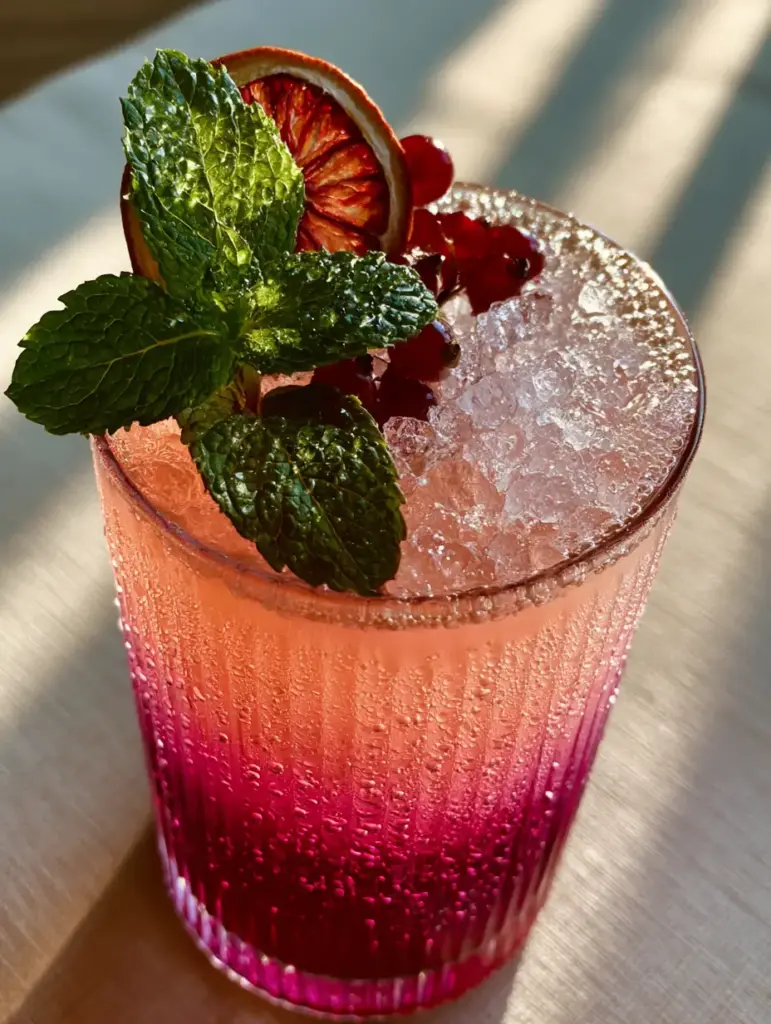 A top-down view of the mocktail garnish including mint with water droplets and red currants. (drink recipes)