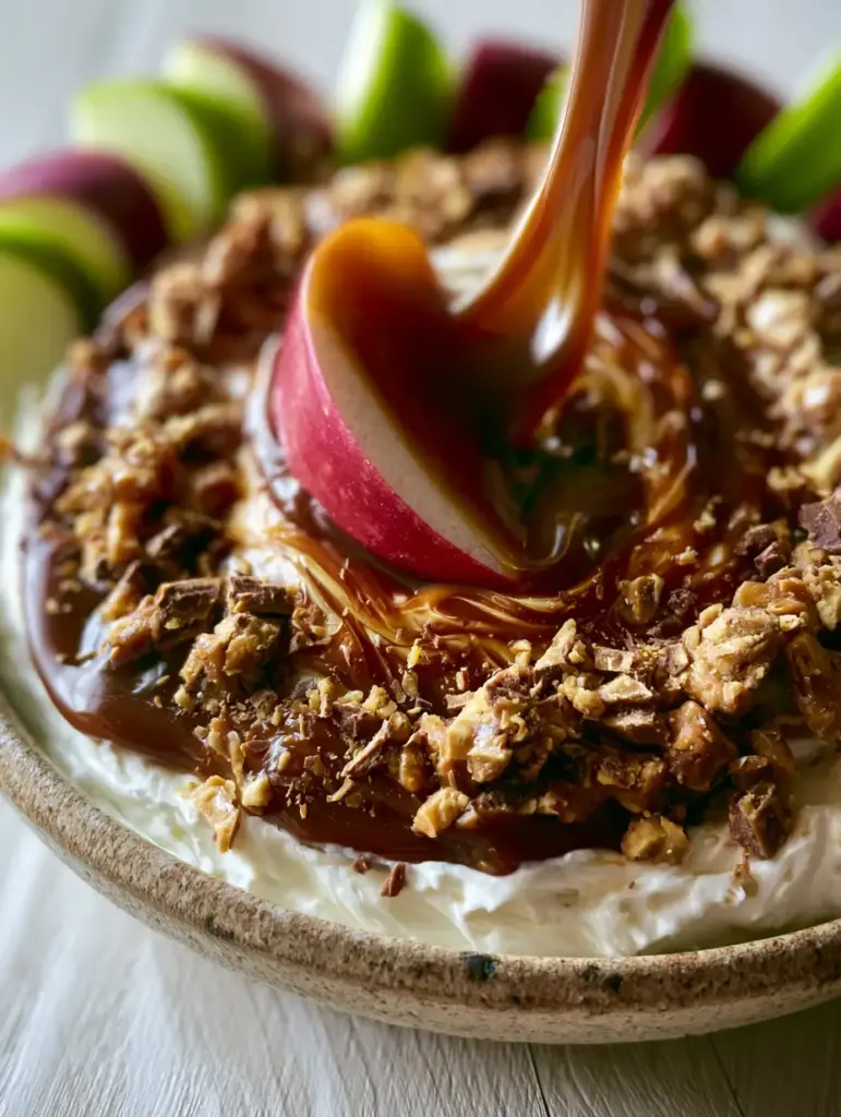 A Honeycrisp apple slice dipping into a bowl of apple toffee dip on a light wooden table.