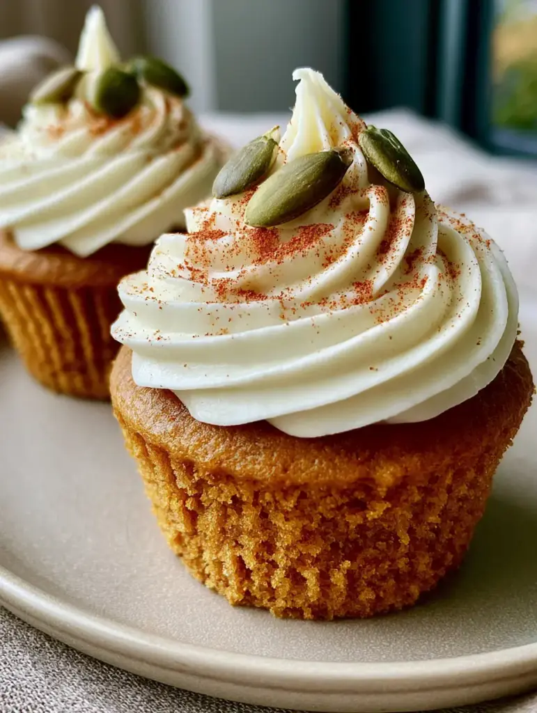 Close-up of the porous crumb texture of a moist pumpkin cupcake base.