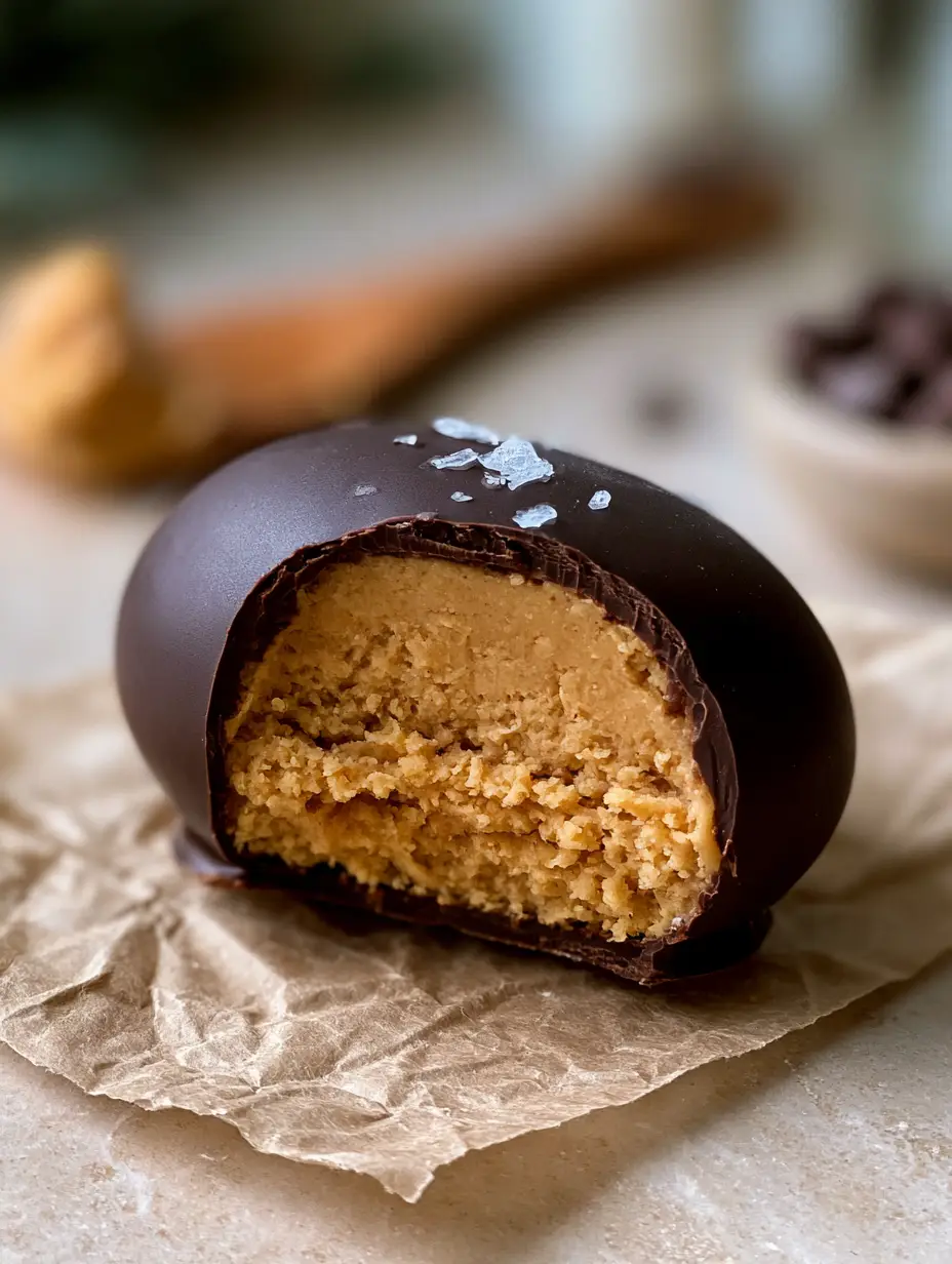 Peanut Butter Eggs: The Ultimate Dark Chocolate Recipe for a Granular, Melt-in-Your-Mouth Center 3 A vertical shot showing the granular texture of the golden-tan peanut butter egg interior. (Peanut Butter Eggs)
