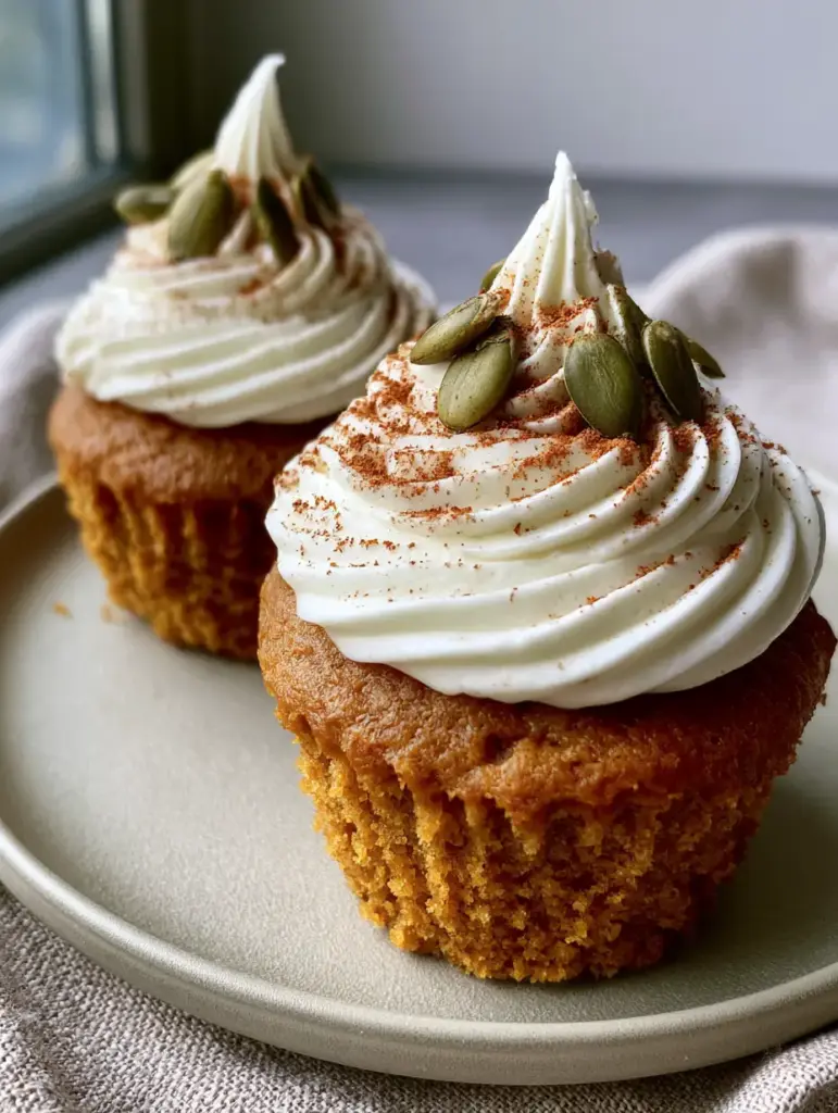 Pumpkin Cupcakes with Tall Architectural Cream Cheese Frosting 1 Detailed view of the sharp piped ridges on thick white cream cheese frosting.
