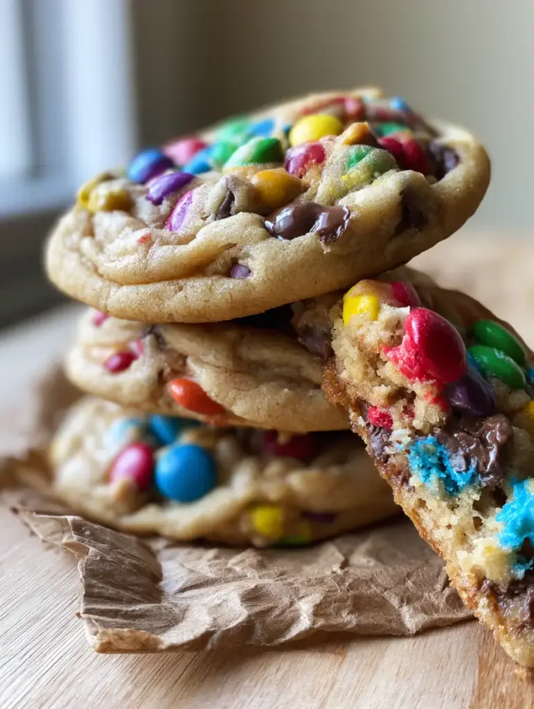 A broken soft-batch mini m&m chocolate chip cookie revealing a moist, dense, and soft interior.