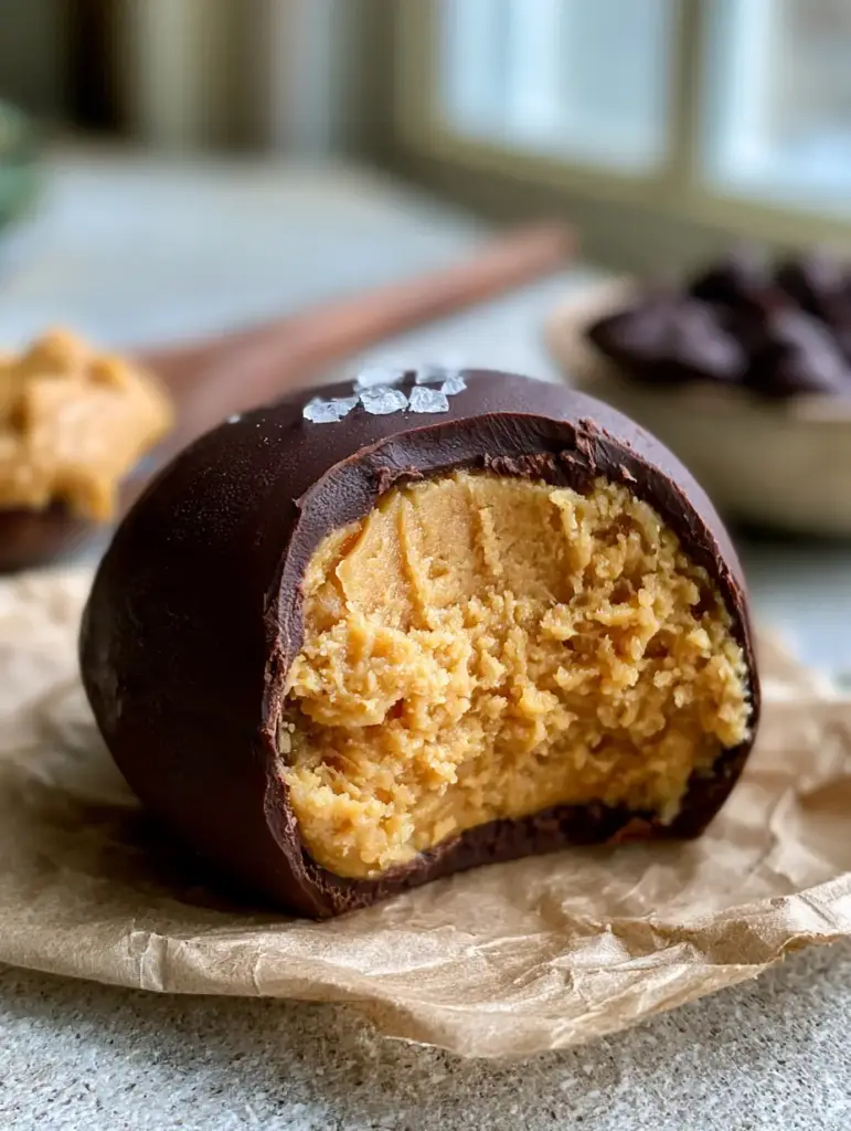Peanut Butter Eggs: The Ultimate Dark Chocolate Recipe for a Granular, Melt-in-Your-Mouth Center 1 A homemade peanut butter egg garnished with flaky Maldon sea salt on crinkled parchment paper. (Peanut Butter Eggs)