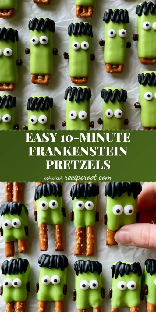 A dozen Frankenstein pretzels arranged on white parchment paper, featuring neon green coating and black icing hair.