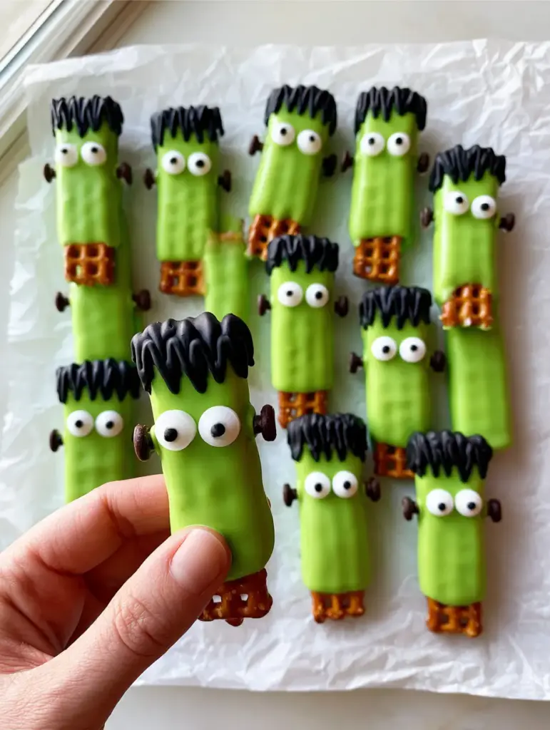 Top-down view of Frankenstein pretzels on parchment paper with neon slime green coating and zig-zag black hair.