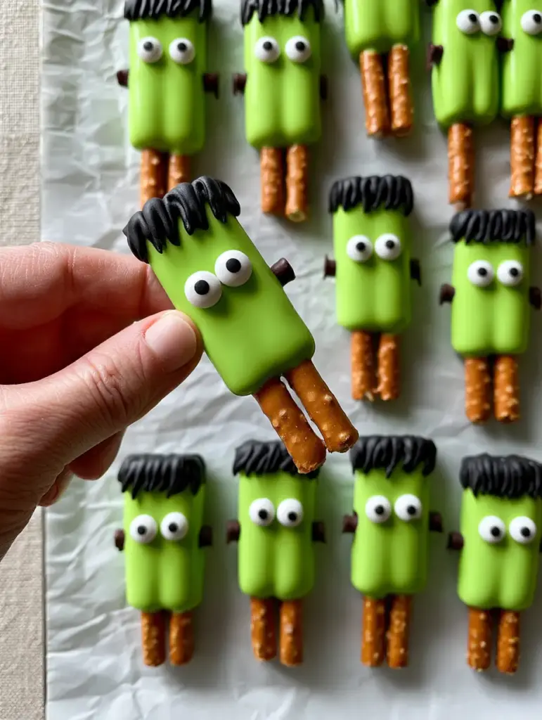 Close up of a hand holding a Frankenstein pretzel rod mid-dip into green candy coating.