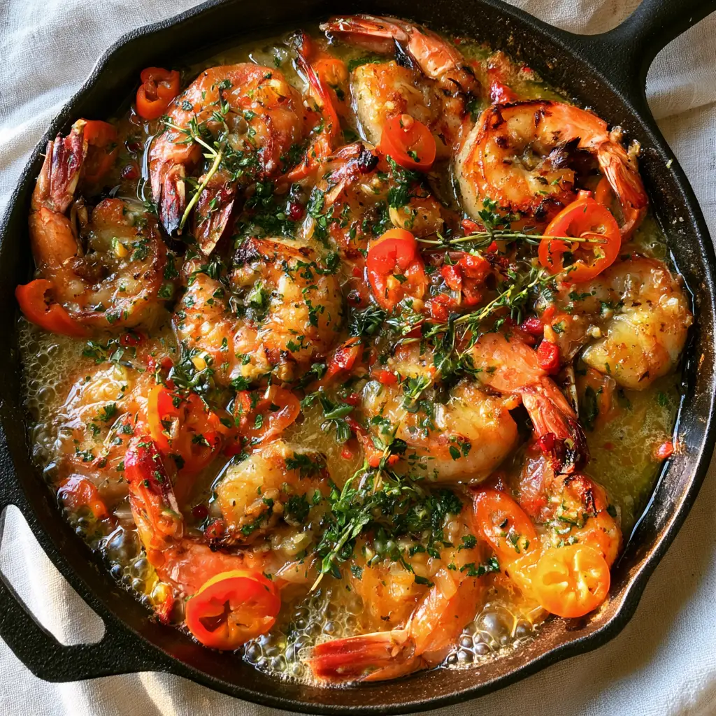Close-up of jumbo shrimp with charred golden edges in a shimmering sauce with scotch bonnets. (Recipes by kamika)