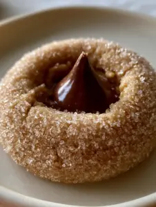 Extreme macro close-up of a single Peanut butter blossoms cookie with sparkling sugar and a glossy chocolate center.