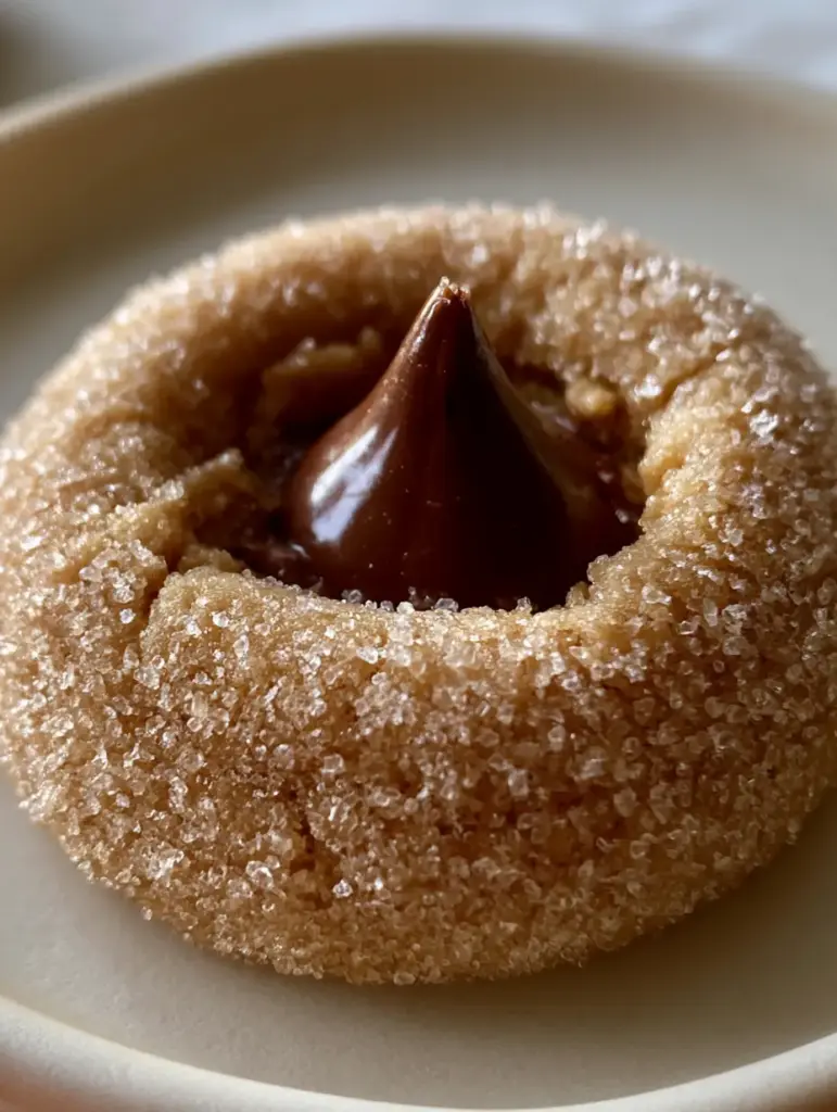 Extreme macro close-up of a single Peanut butter blossoms cookie with sparkling sugar and a glossy chocolate center.