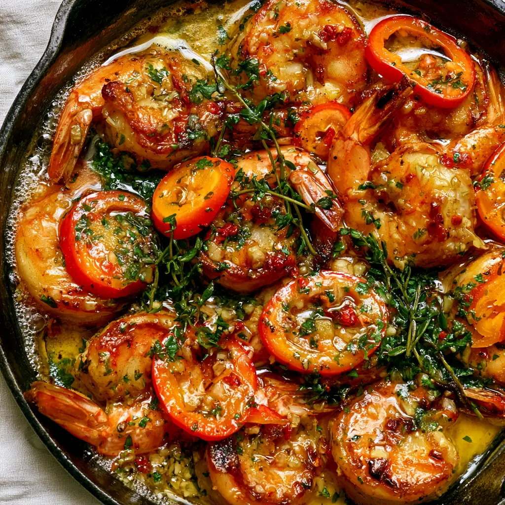 Recipes by kamika: Authentic Jamaican Garlic Butter Shrimp 1 Handheld photo of a rustic cast iron skillet filled with bubbling garlic butter shrimp and fresh thyme.