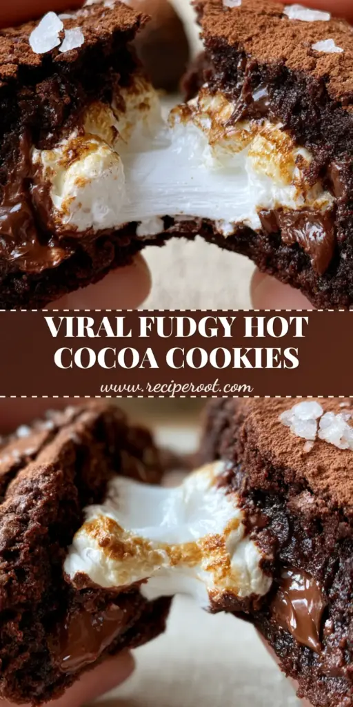 Hot Chocolate Cookies with an Epic Gooey Marshmallow Pull 4 A stack of Hot Chocolate Cookies showing a thick fudgy texture and a perfectly melted marshmallow center.