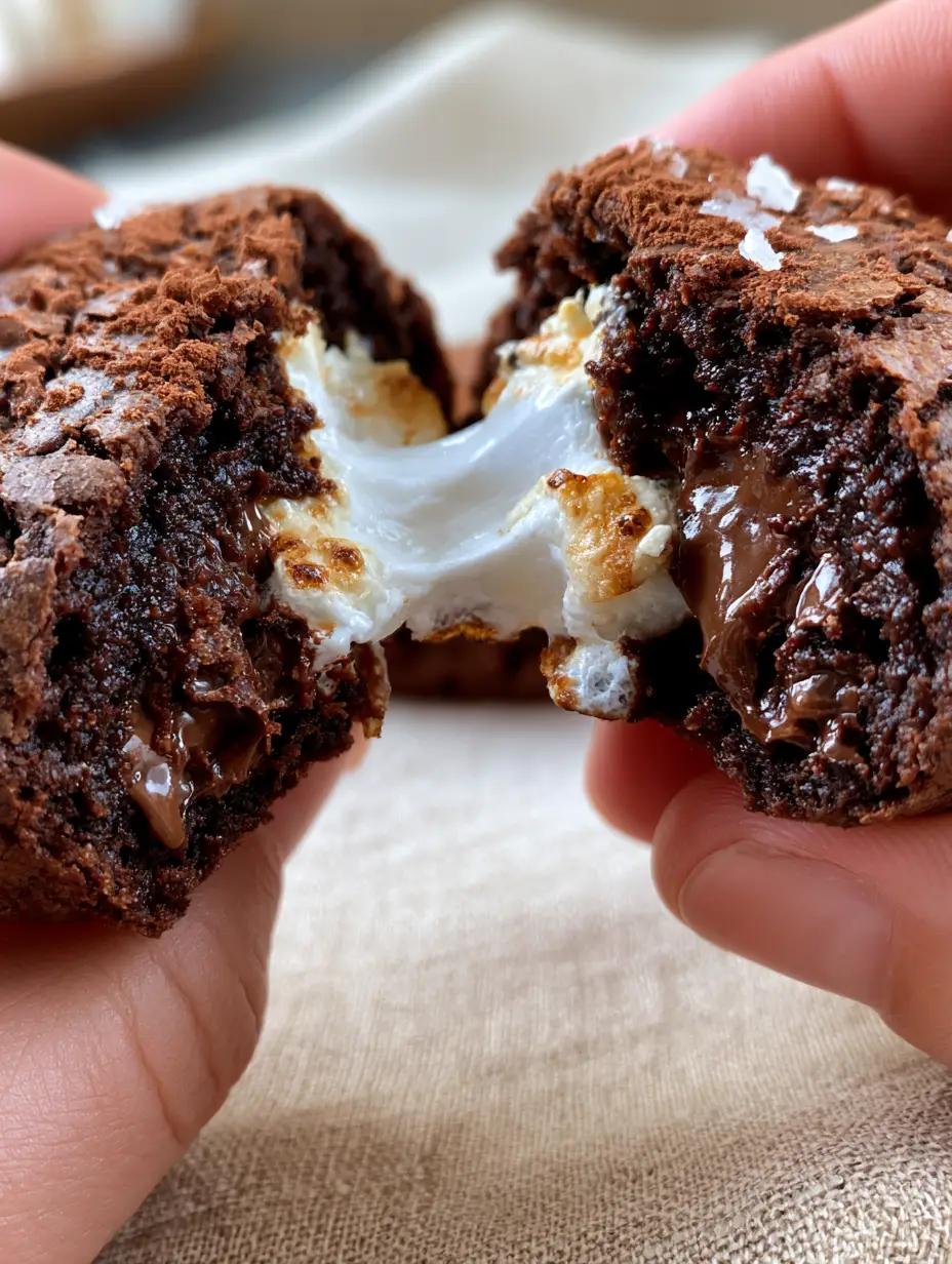Handheld photo of a thick fudgy Hot Chocolate Cookie being pulled apart with an extreme marshmallow stretch.