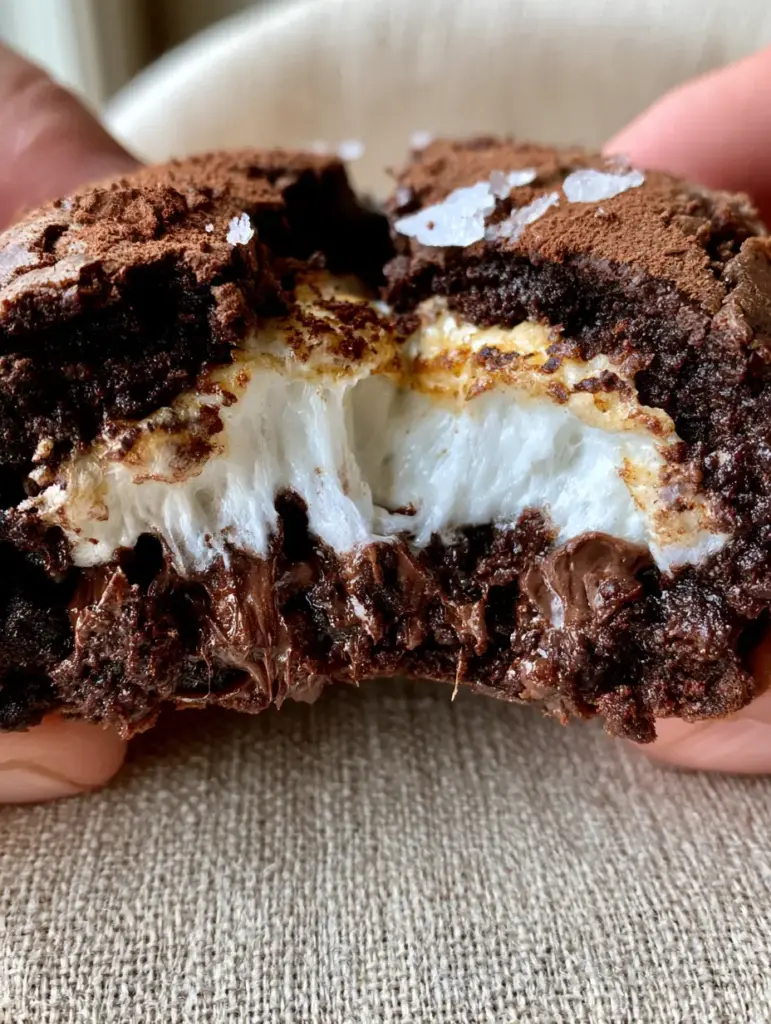 Hot Chocolate Cookies with an Epic Gooey Marshmallow Pull 1 Close up of Hot Chocolate Cookies with a crackled brownie-top texture and toasted marshmallow edges.