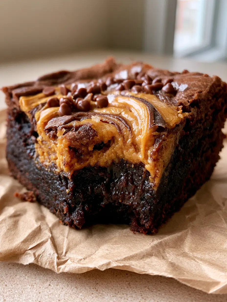 Extreme macro shot of a gooey dark chocolate brownie with golden peanut butter rivers and semi-sweet chunks. (Peanut Butter Brownie Recipe)