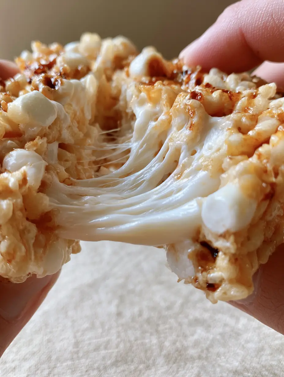 A close-up handheld photo of a thick rice krispie treat being pulled apart with extreme marshmallow strands. (rice krispie treats recipe)