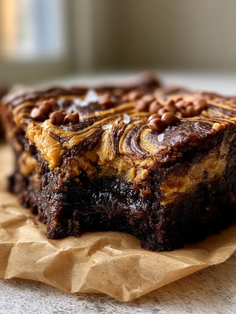 Top view of a crinkle-top brownie with shiny crust and deep peanut butter marbling on brown parchment.