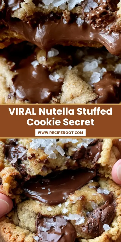 A close-up of a jumbo Nutella stuffed chocolate chip cookie being pulled apart to reveal a molten liquid center.