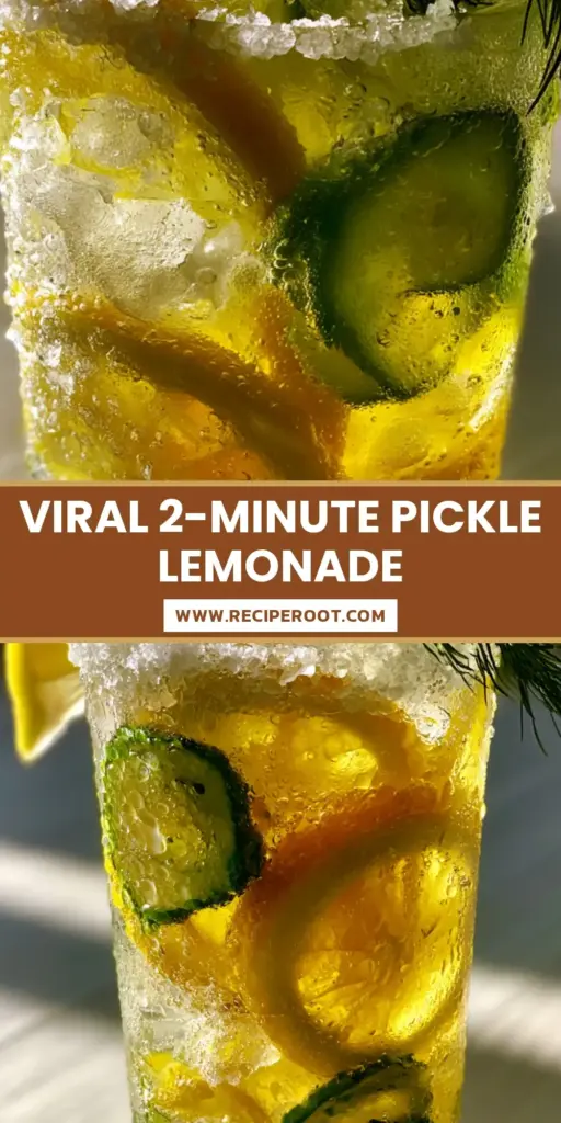 A refreshing glass of Pickle Lemonade with crushed ice, lemon wheels, and emerald-green pickle slices garnished with fresh dill. (Pickle Lemonade)