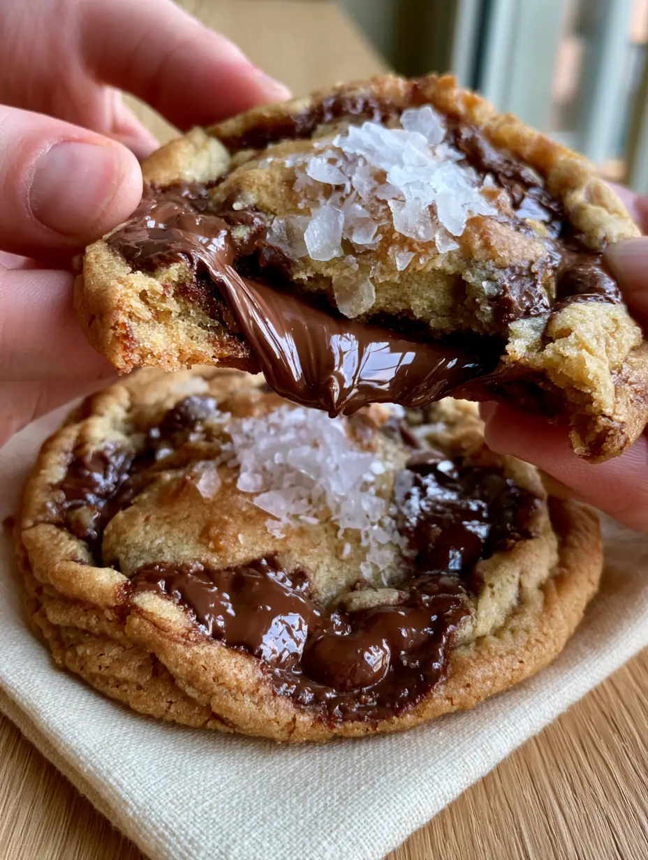Macro photo of a bakery-style Nutella stuffed chocolate chip cookie with large chocolate chunks and sea salt.