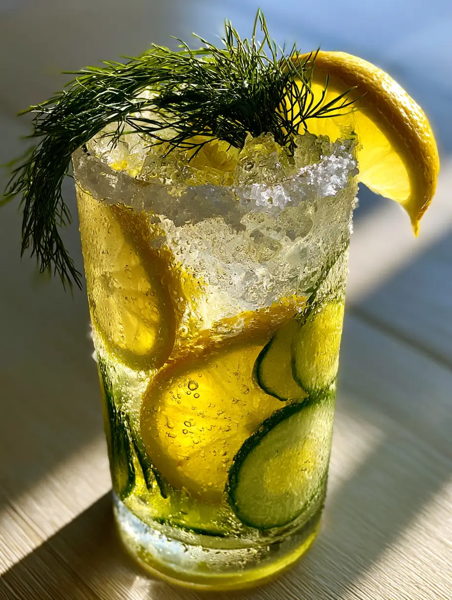 Macro shot of Pickle Lemonade showing tiny bubbles clinging to lemon and pickle slices with a salt-rimmed glass. (Pickle Lemonade)