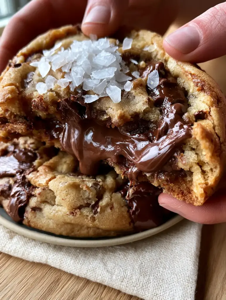 Two hands pulling apart a jumbo golden-brown cookie with an oozing Nutella center.
