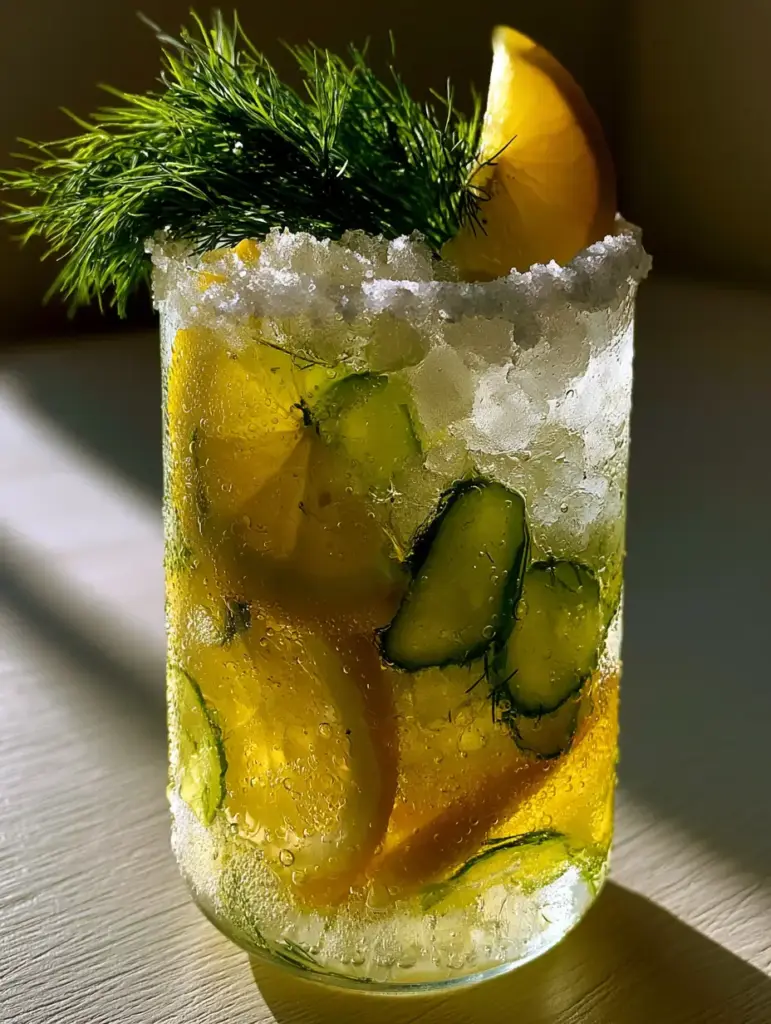 Side view of a tall glass of Pickle Lemonade with heavy condensation and feathery dill sprigs.