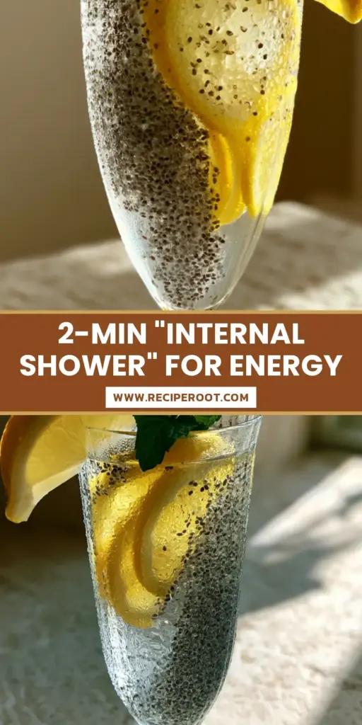 A tall fluted glass of sparkling chia fresca with lemon and mint, illustrating summer drinks for energy and hydration on a stone counter.