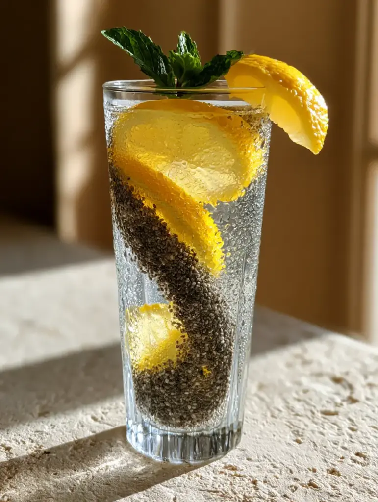 Top-down view of a mint sprig and lemon wheels in a fluted glass of mineral water.