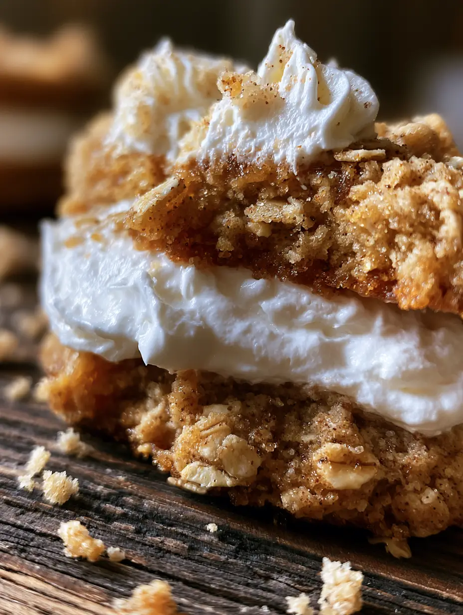Macro close-up of an oatmeal cream pie being pulled apart, showing a bendy moist texture and snowy white filling. (oatmeal cream pies)