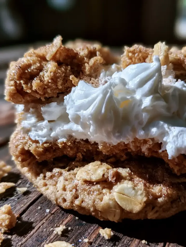 Detailed shot of snowy white marshmallow buttercream with visible peaks inside an oatmeal cream pie.