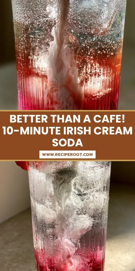 A handheld smartphone photo of a tall ribbed glass with vibrant magenta fruit syrup, clear soda, and a thick white Irish cream marble swirl. (Homemade Fruit Irish Cream Soda)
