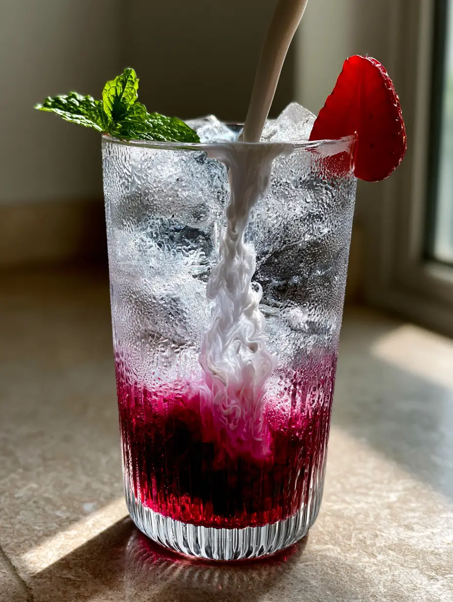Close up of a ribbed glass showing the dense magenta syrup base and crystalline ice of the Homemade Fruit Irish Cream Soda.