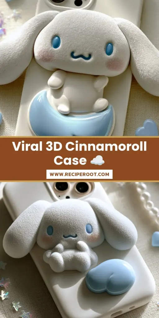 A professional product photograph of a 3D cinnamoroll phone case with matte silicone texture and pearl strap on a linen background.