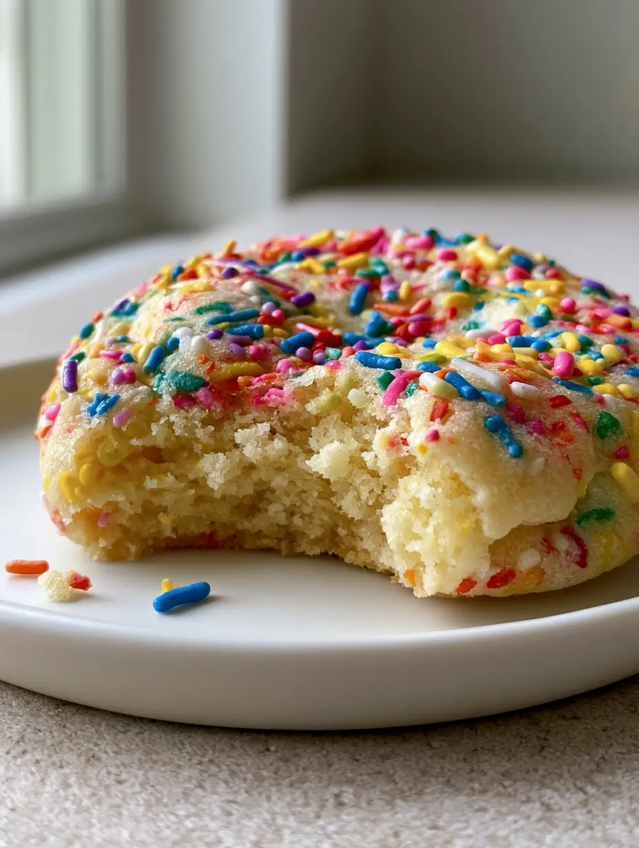 Macro shot of a birthday cake cookie with a jagged bite taken out, showing the moist, pale-golden center. (birthday cake cookies)