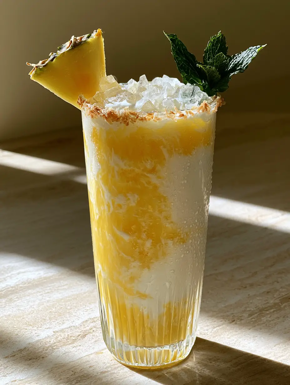 A tall ribbed glass showing a marbleized swirl of white coconut milk and yellow juice. (coconut pineapple lemonade)