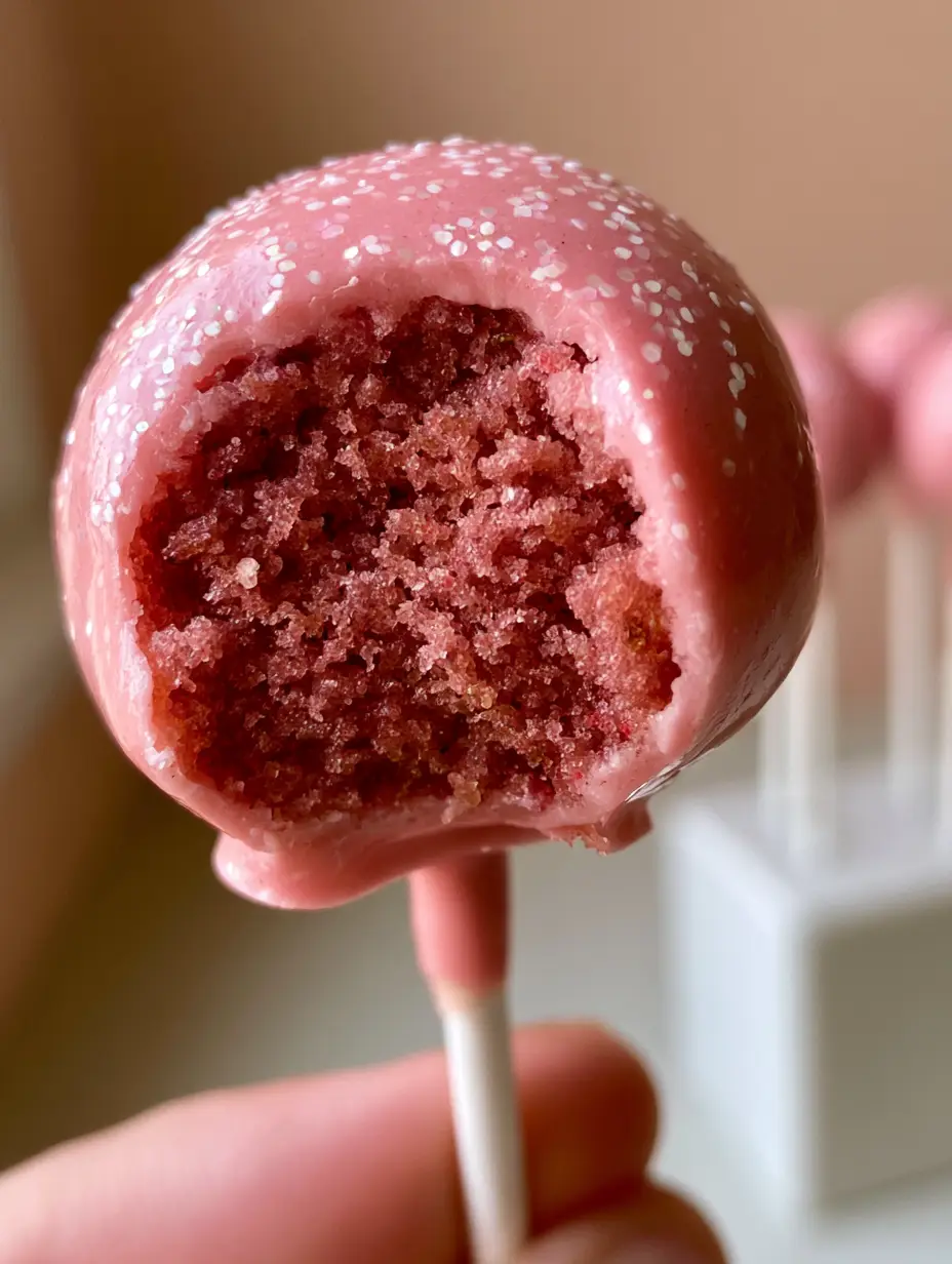 Extreme close-up of a bitten pink strawberry cake pop revealing a dense fudgy interior and glossy pink shell. (cake pop recipes)