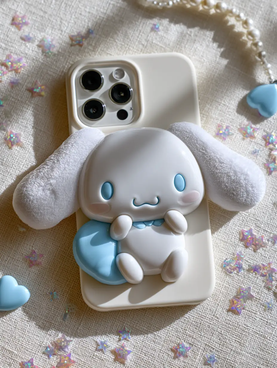 Macro top-down view of a cinnamoroll phone case showing raised facial features and floppy ears.