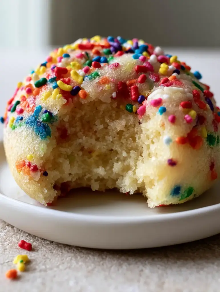 Thick soft-baked birthday cake cookies heavily studded with rainbow jimmies on a grey stone surface with natural light. (birthday cake cookies)