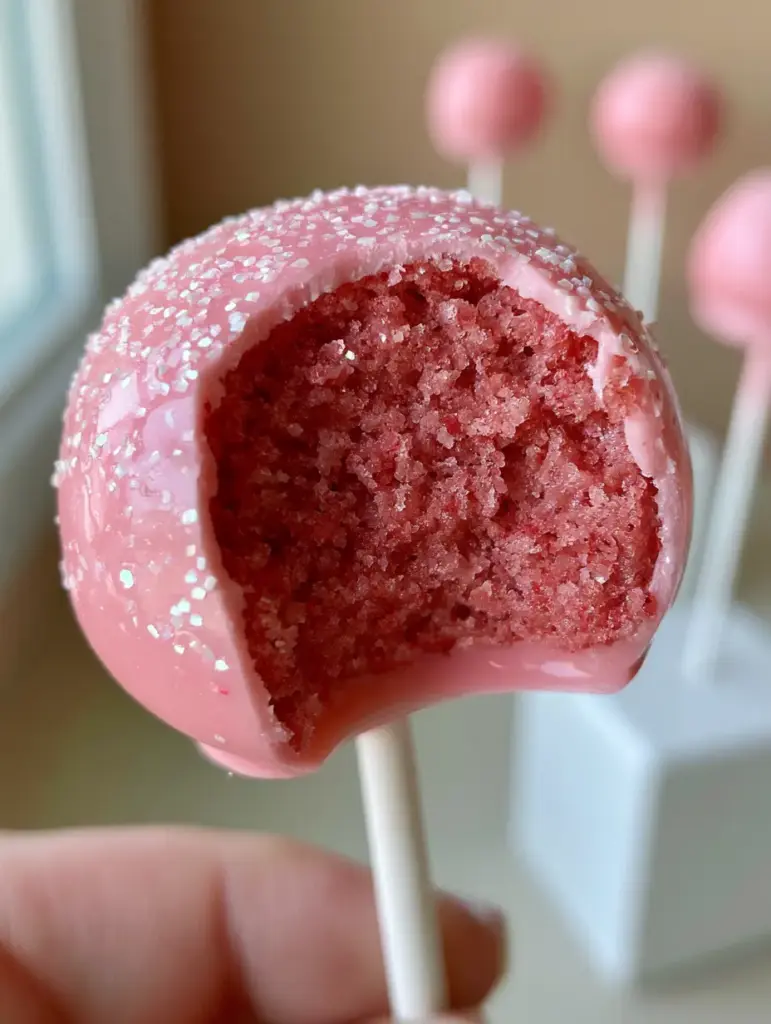 A hand holding a glossy pink cake pop against a warm kitchen background. (cake pop recipes)
