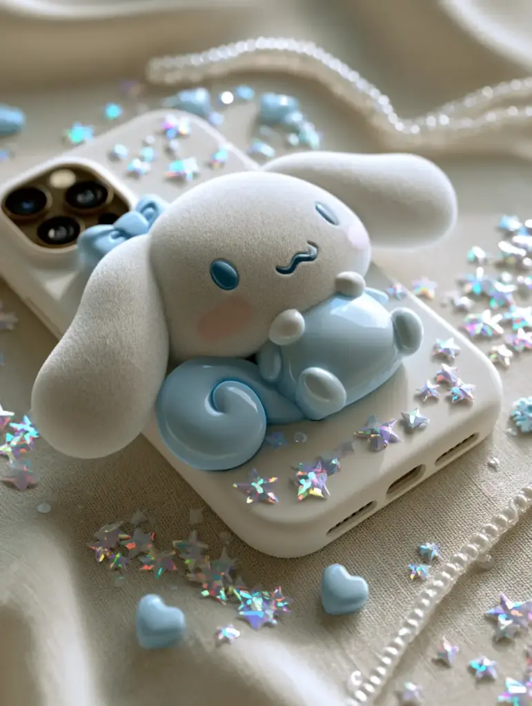 A lifestyle shot of the cinnamoroll phone case styled with iridescent stars and blue heart accents.